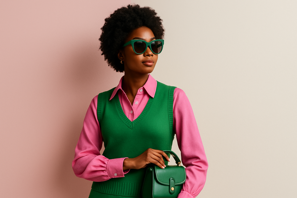 generate a banner for my site, black woman in pink and green fashion. 